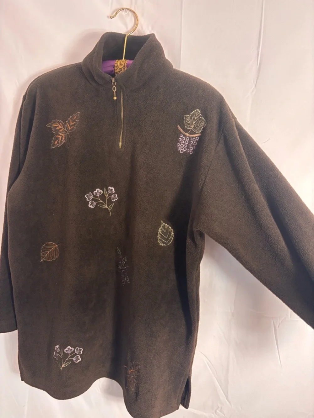 VTG Brown Embroidered‎ 1/4 Zip Artsy Boho Cozy Fleece Spring Sweater Size M
